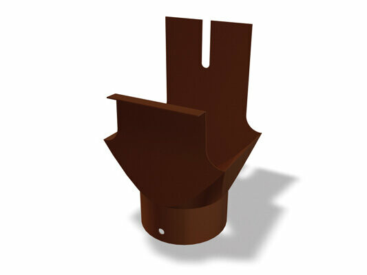 Na obrázku je tmavě hnědý hranatý kotlík s kruhovým zaústěním PREFA z vysoce kvalitního hliníku. Kulatý kotlík slouží jako přechodový kus z hranatého žlabu do svodu a zajišťuje účinný odvod dešťové vody. Je k dispozici v různých velikostech: 250 × Ø 80, 333 × Ø 100, 400 × Ø 120, 500 × Ø 120 a 500 × Ø 150.