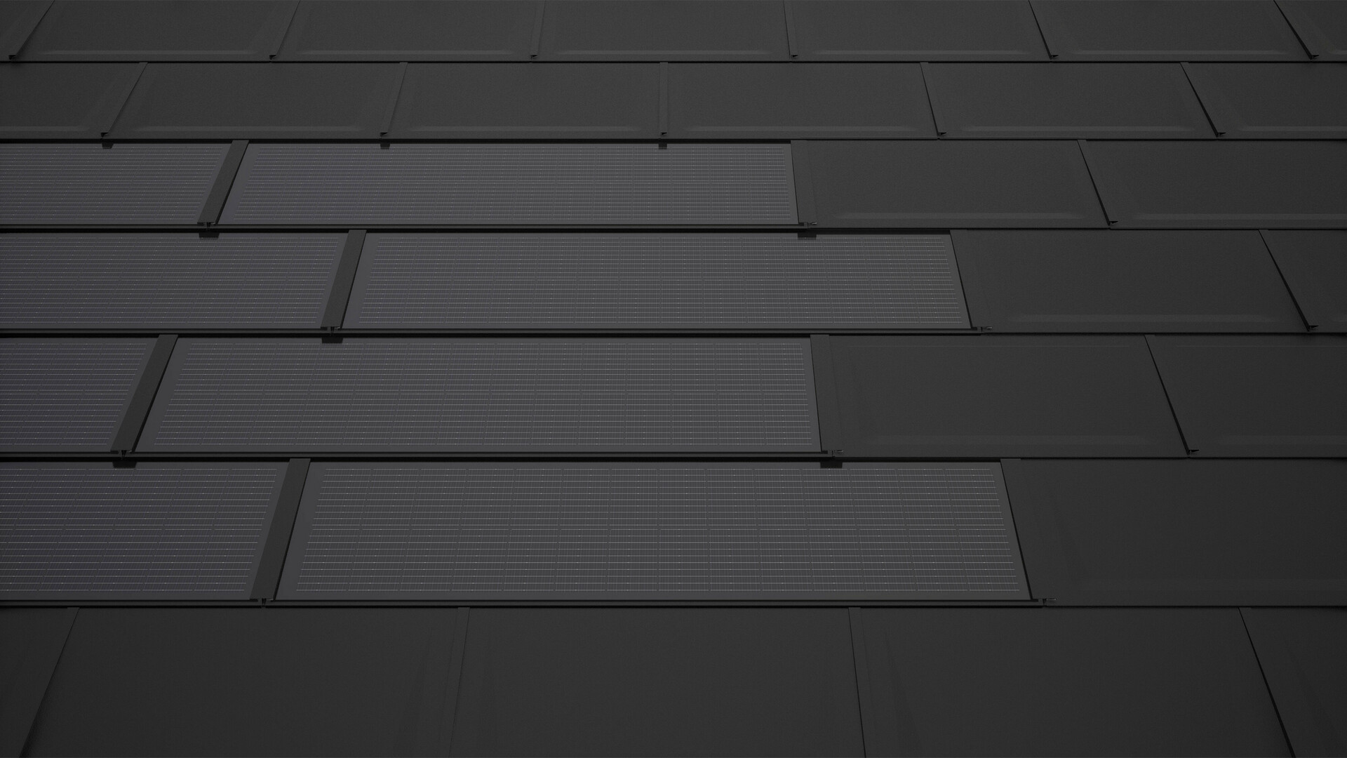 Na obrázku jsou PREFA integrovaní solární panely SDP v černé barvě, namontované na střeše v kombinaci se střešními panely PREFA R.16. Solární panely jsou uspořádány do rovnoměrných řad.