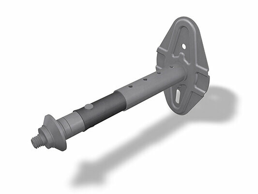 Držák objímky PREFA pro zateplovací systémy, dostupný ve velikostech 100–180 mm a 180–260 mm, včetně hmoždinky, šroubu a krytky, ideální pro bezpečné kotvení objímek.