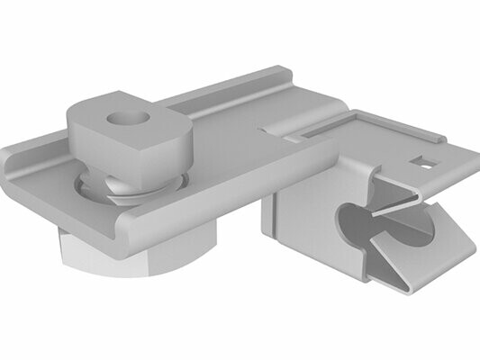 PREFA hranatý svod s integrovaným nerezovým klipem jako držákem vedení, včetně připevňovacích svorek. Tato svorka slouží k bezpečnému upevnění vedení o průměru Ø 8–12 mm a zajišťuje spolehlivou montáž.