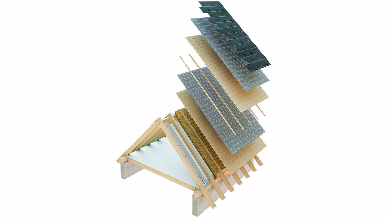 Technické znázornění střešní konstrukce studené střechy, vícevrstvá střešní konstrukce s laťováním, plné bednění, separační vrstva, krov, půdu lze využít i jako obytný prostor, dvouvrstvá střešní konstrukce, odvětrávaná střešní konstrukce, kontralaťování