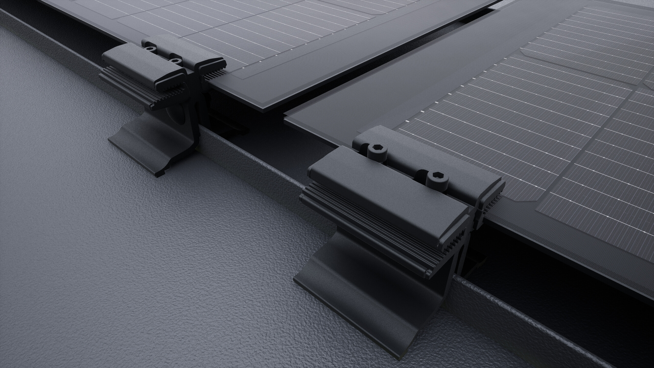 Detailní pohled na solárního panelu PREFALZ s příchytkami v černé barvě. Panely jsou namontovány na střešním systému PREFALZ přímo na drážkách. 