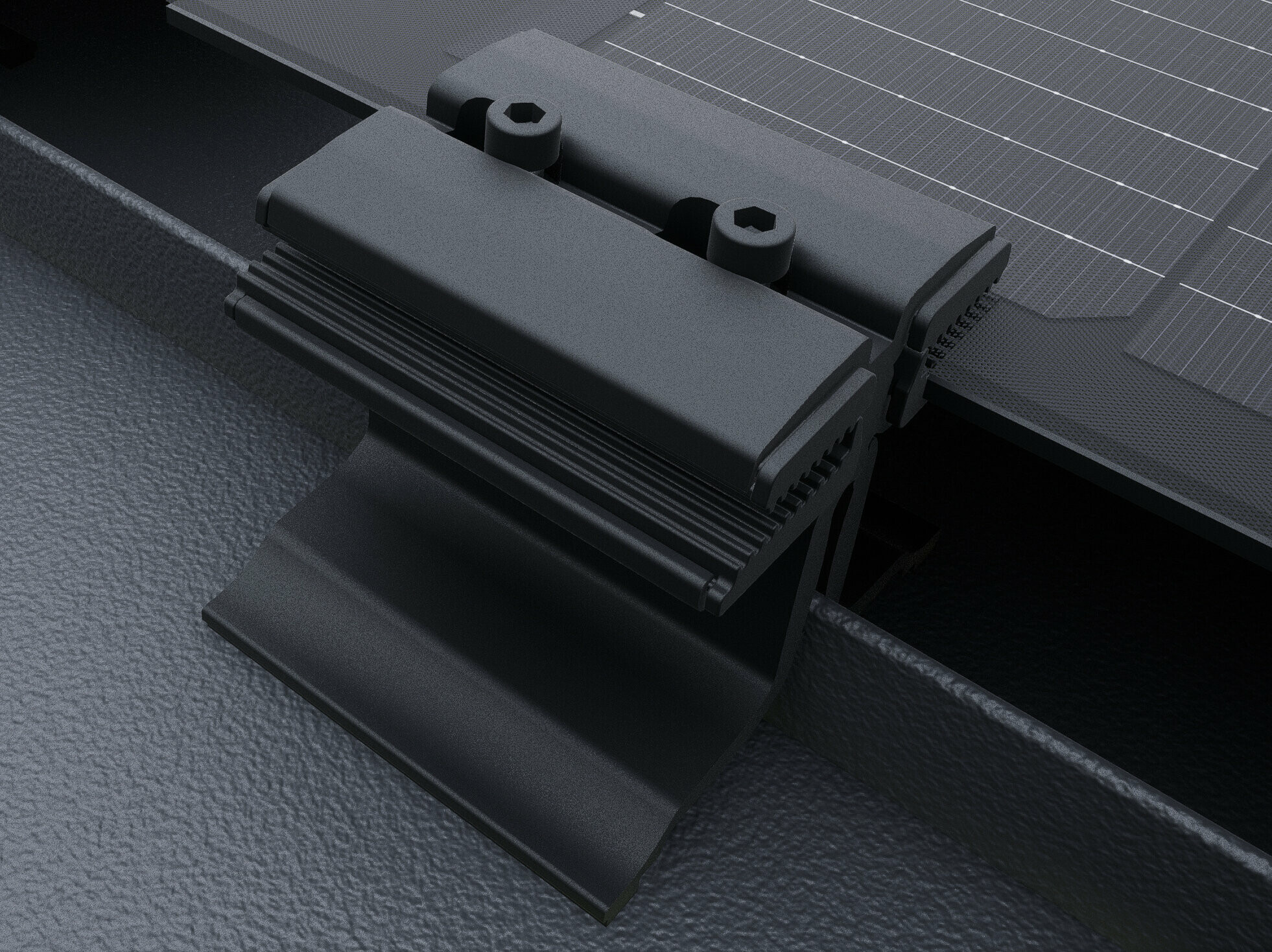 Detailní pohled na solárního panelu PREFALZ s příchytkami v černé barvě. Panely jsou namontovány na střešním systému PREFALZ přímo na drážkách. 