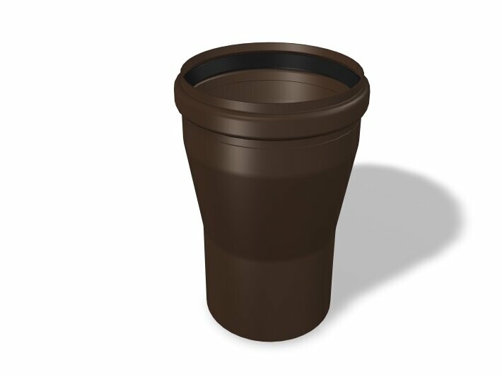 PREFA přechodka svodu, dostupná ve velikostech Ø 110/100 mm a Ø 125/120 mm, umožňuje plynulý přechod mezi trubkami různých velikostí v systémech odvodnění střechy a fasádních systémech.