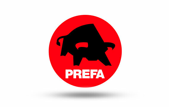 PREFA Logo, roter Kreis mit schwarzem Stier, auf weißem Hintergrund mit Schatten darunter;