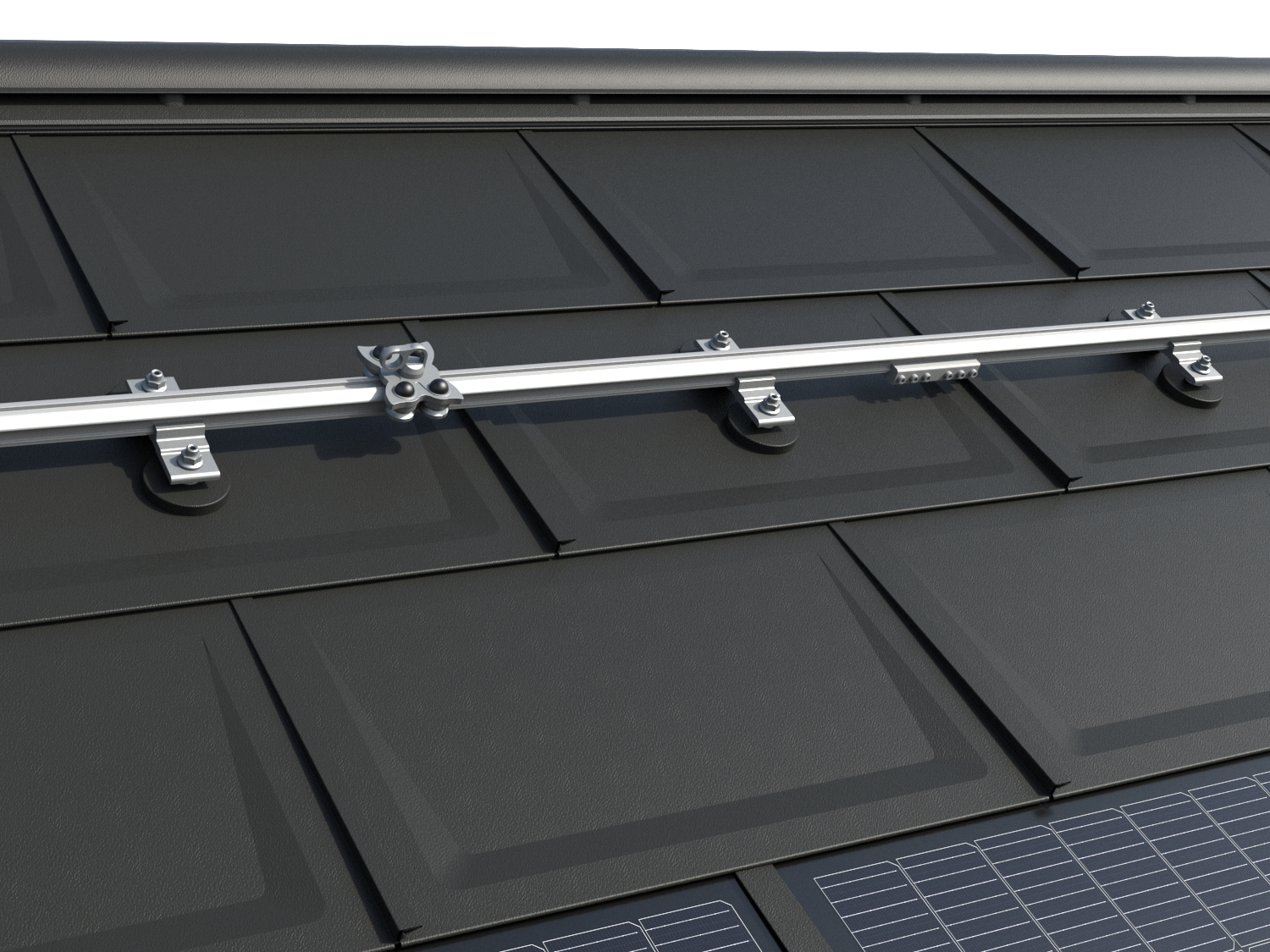 Obrázek ukazuje kolejnicový systém TAURUS od společnosti INNOTECH® na střeše PREFA s osvědčeným střešním panelem R.16. Instalace zahrnuje horizontální vodicí lišty a speciálně navržené kluzáky, které umožňují bezpečný přístup k fotovoltaickým systémům a jejich údržbu. Systém je vhodný pro všechny maloformátové panely PREFA a nabízí spolehlivé řešení pro instalaci a údržbu fotovoltaických systémů. Bezpečnostní systém, vyvinutý společností PREFA ve spolupráci s odborníky na bezpečnost práce ze společnosti INNOTECH®, je certifikován dle normy EN 795 typ A a D a je navržen pro bezpečnost dvou osob. Inovativní střešní solární panely PREFA jsou vidět ve spodní části obrázku.