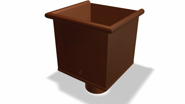 Sběrný kotlík hranatý s kruhovým vyústěním PREFA, dostupný ve velikostech Ø 80, 100, 120 a 150 mm, slouží k zachycení a cílenému odvodu dešťové vody v odvodňovacích systémech střech.