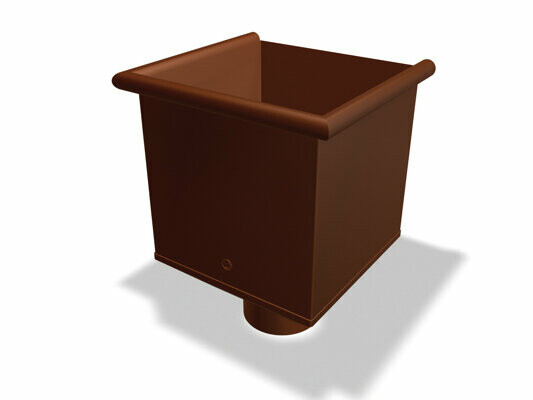 Sběrný kotlík hranatý s kruhovým vyústěním PREFA, dostupný ve velikostech Ø 80, 100, 120 a 150 mm, slouží k zachycení a cílenému odvodu dešťové vody v odvodňovacích systémech střech.