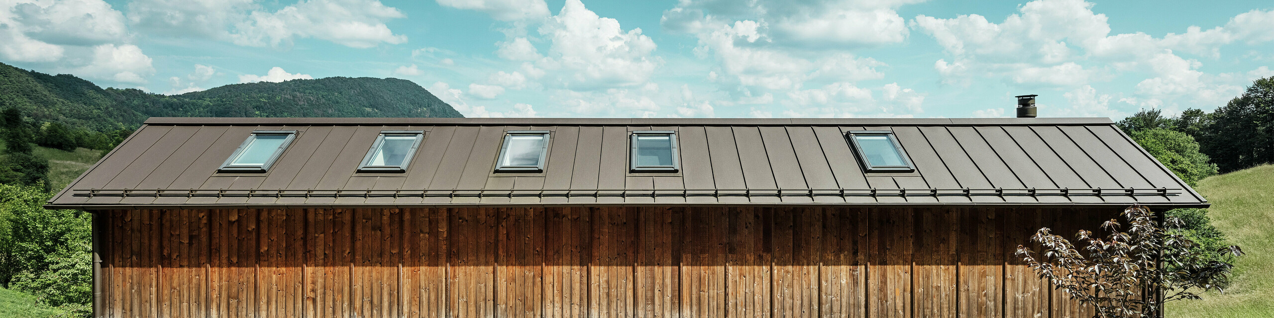 Tento moderní dům na svahu zaujme svou minimalistickou dřevěnou fasádou a odolnou hliníkovou střechou PREFALZ v barvě P.10 tmavě hnědé. Střešní krytina od PREFA zaujme svou vysokou odolností vůči povětrnostním vlivům a dlouhou životností, stejně jako harmonickou souhrou s okolní přírodou. Integrované střešní okna a čisté linie zdůrazňují nadčasovou architekturu. Fotografie ukazuje vstupní prostor malého rodinného domu.