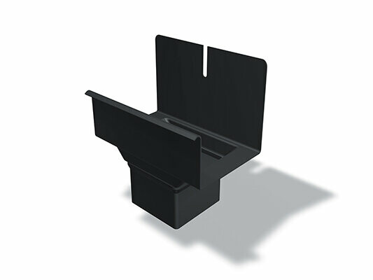 Hranatý kotlík s hranatým zaústěním PREFA, dostupný ve velikostech 80/250, 80/333, 100/333 a 100/400 mm, slouží k účinnému sběru a odvodu dešťové vody v odvodňovacích systémech střech.